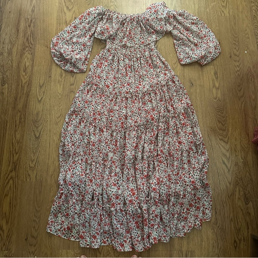 Misa Los Angeles Red Floral Off-Shoulder Maxi Dress size XS tiered lined sexy - Picture 2 of 7